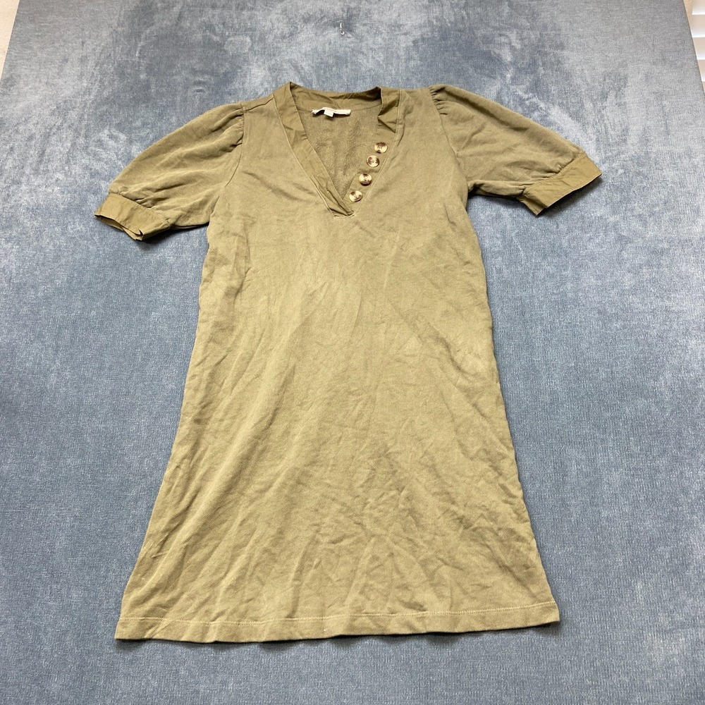 Loft T Shirt Dress Womens Medium Olive Green Cotton V Neck Puff Sleeve Casual